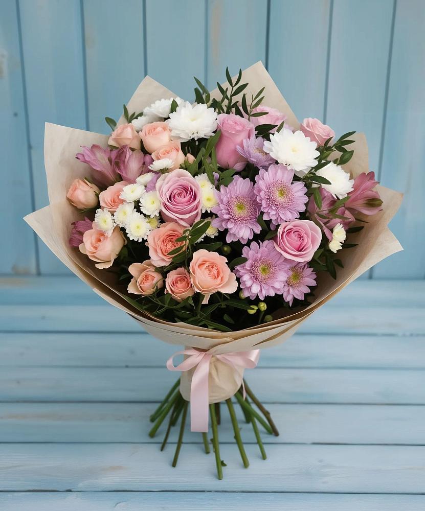 Букет цветов из: Хризантемы, Розы и Альстромерии в Белинском