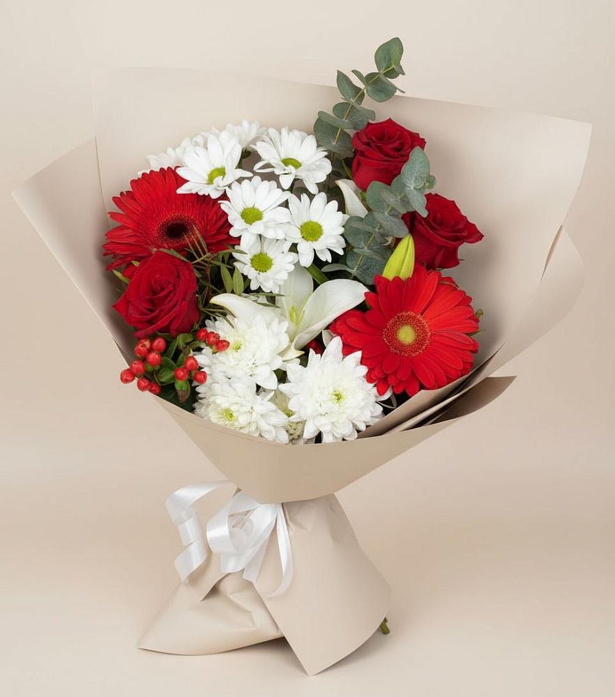 Букет цветов из: Розы, Хризантемы, Герберы и Лилии в Белинском