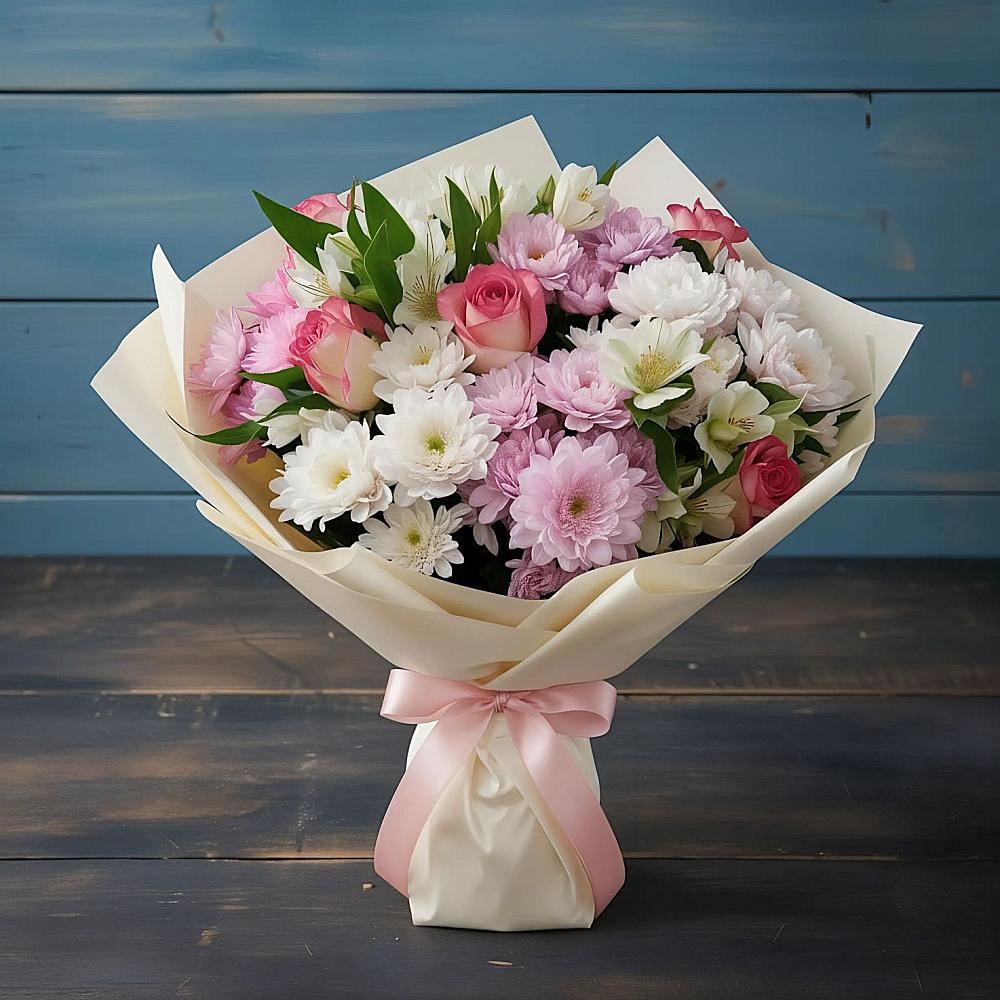 Букет цветов из: Хризантемы, Альстромерии и Розы в Белинском